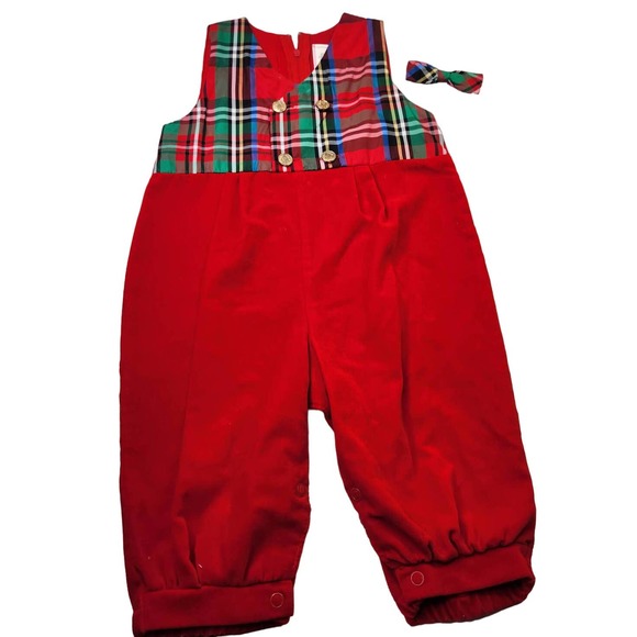 Vintage Plaid 100% Cotton One Piece Jumpsuit With Clip On Bow Tie Size 24 Months - Picture 1 of 9